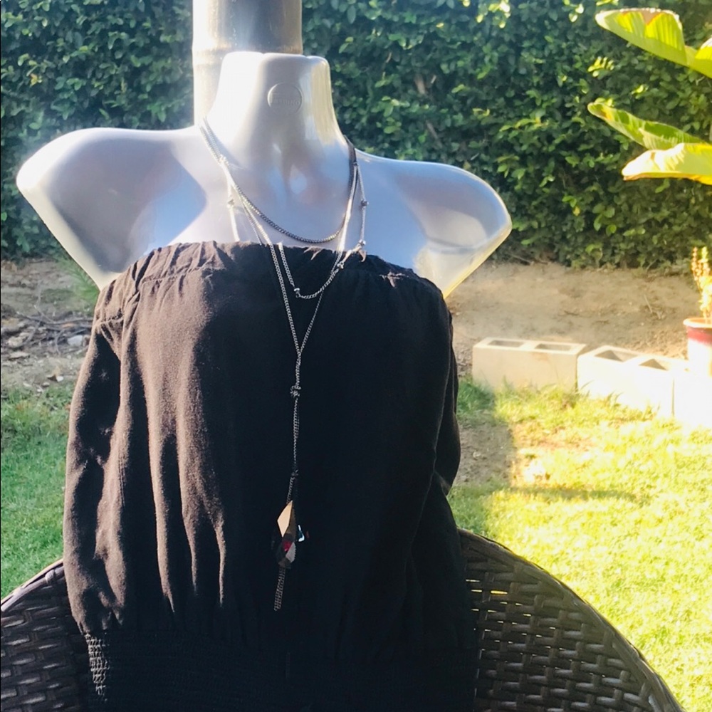 Express Long Black  Necklace  Gray Crystal Pendant